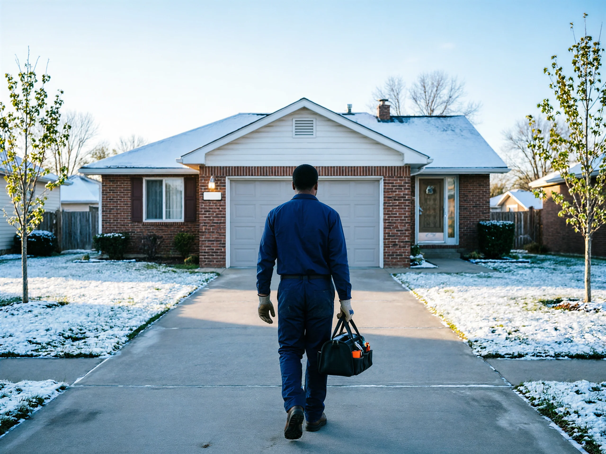 A technician in a blue uniform walks toward a house with a garage door.