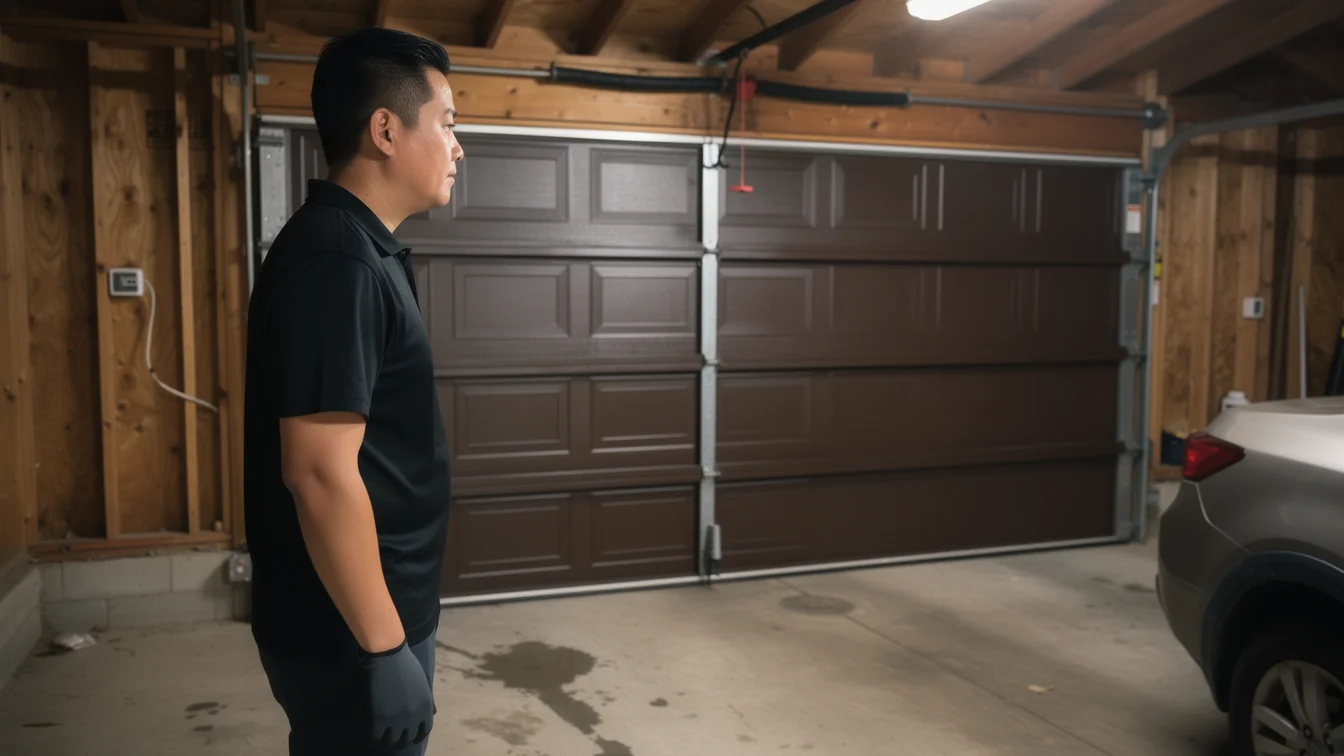 A technician stands in a garage looking at a closed brown garage door.
