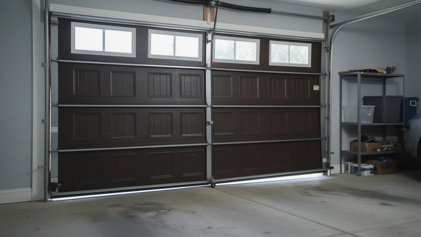The brown garage door is partially open, showing light from outside.