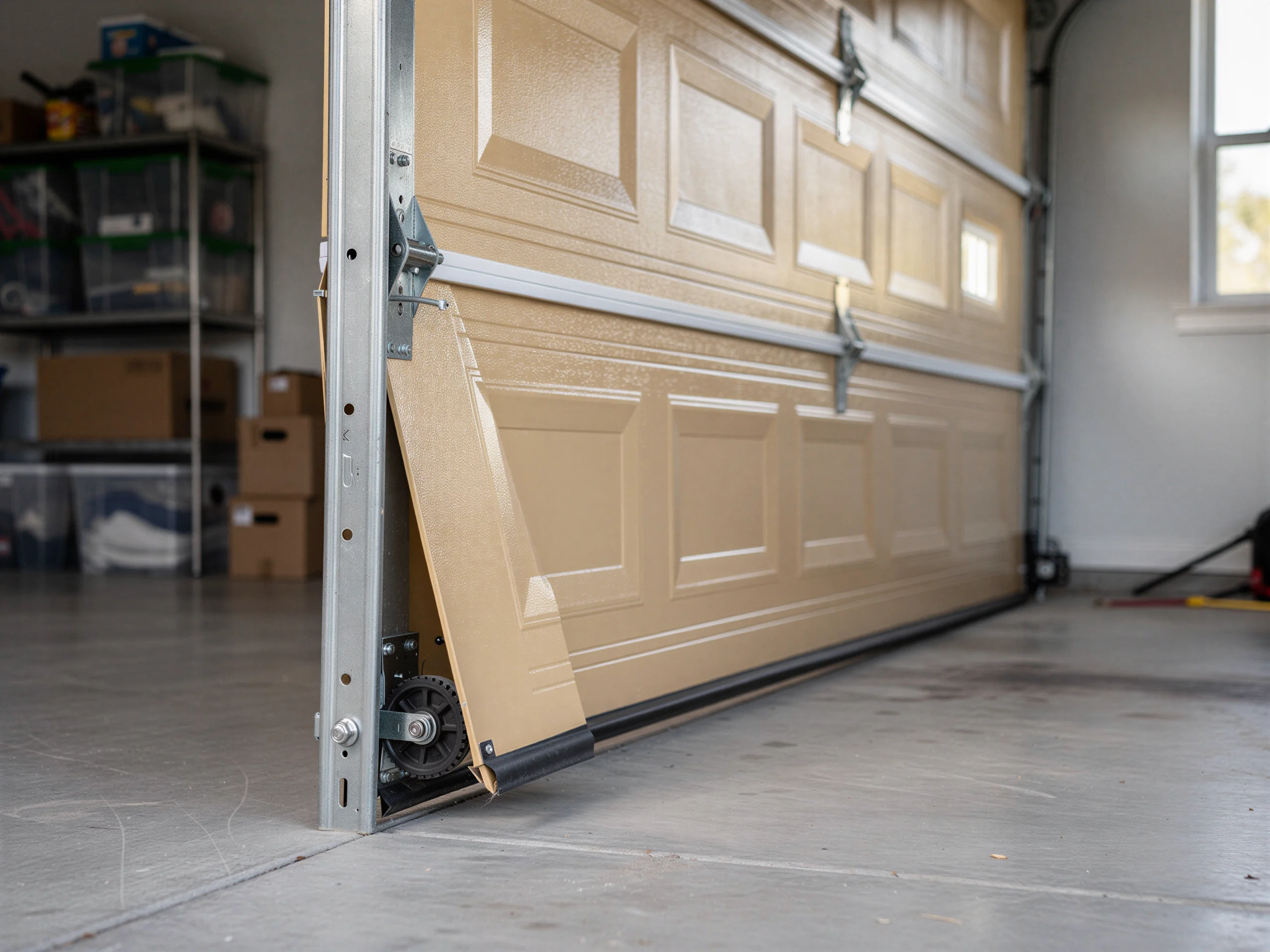 A tan garage door is off its track and leaning inward.