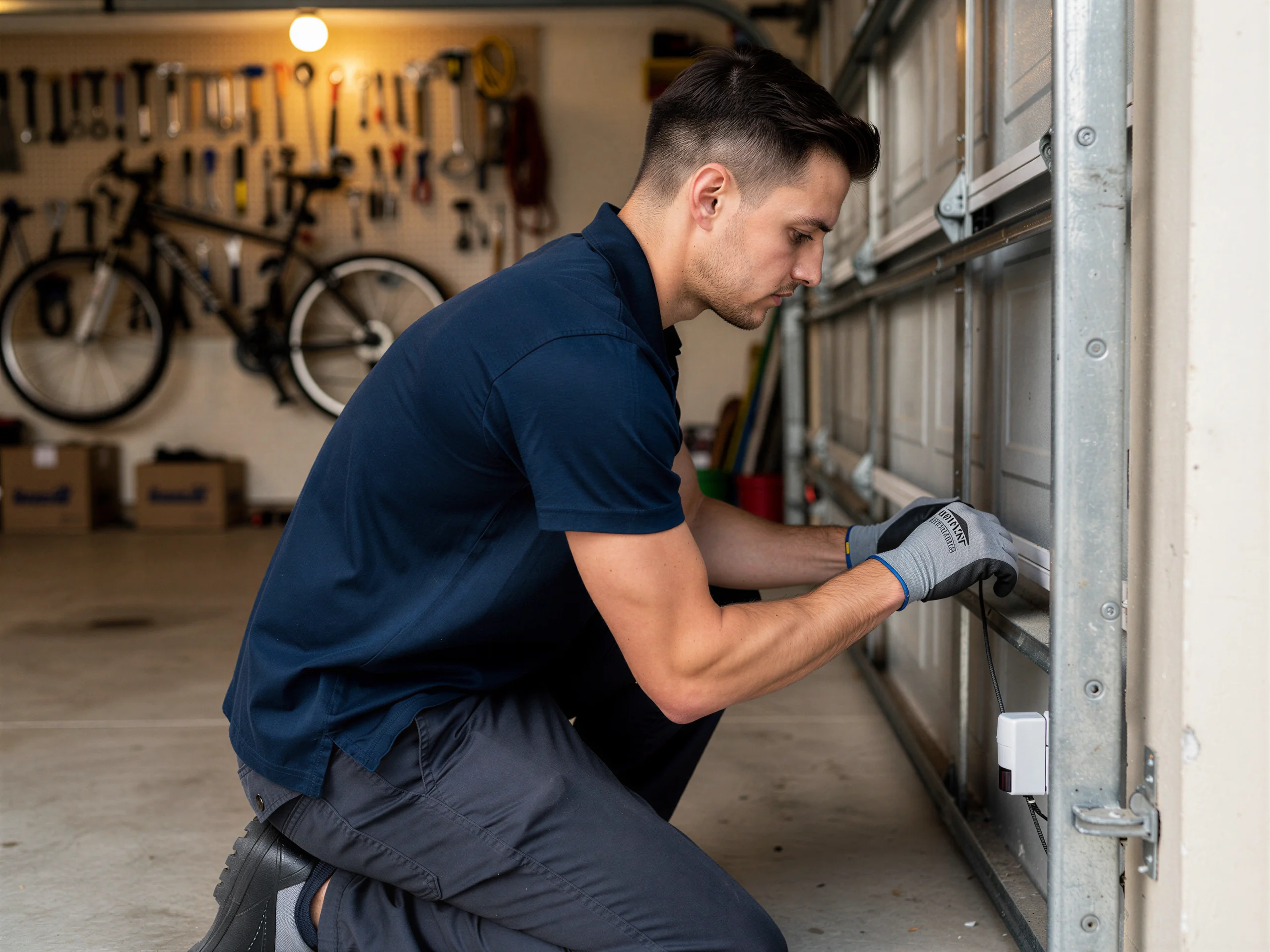 A technician wearing gloves kneels while working on the bottom of a garage door.