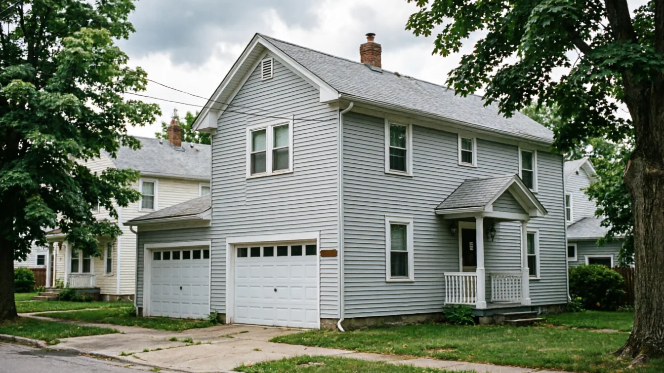 The light gray house has two white garage doors and a small covered porch.